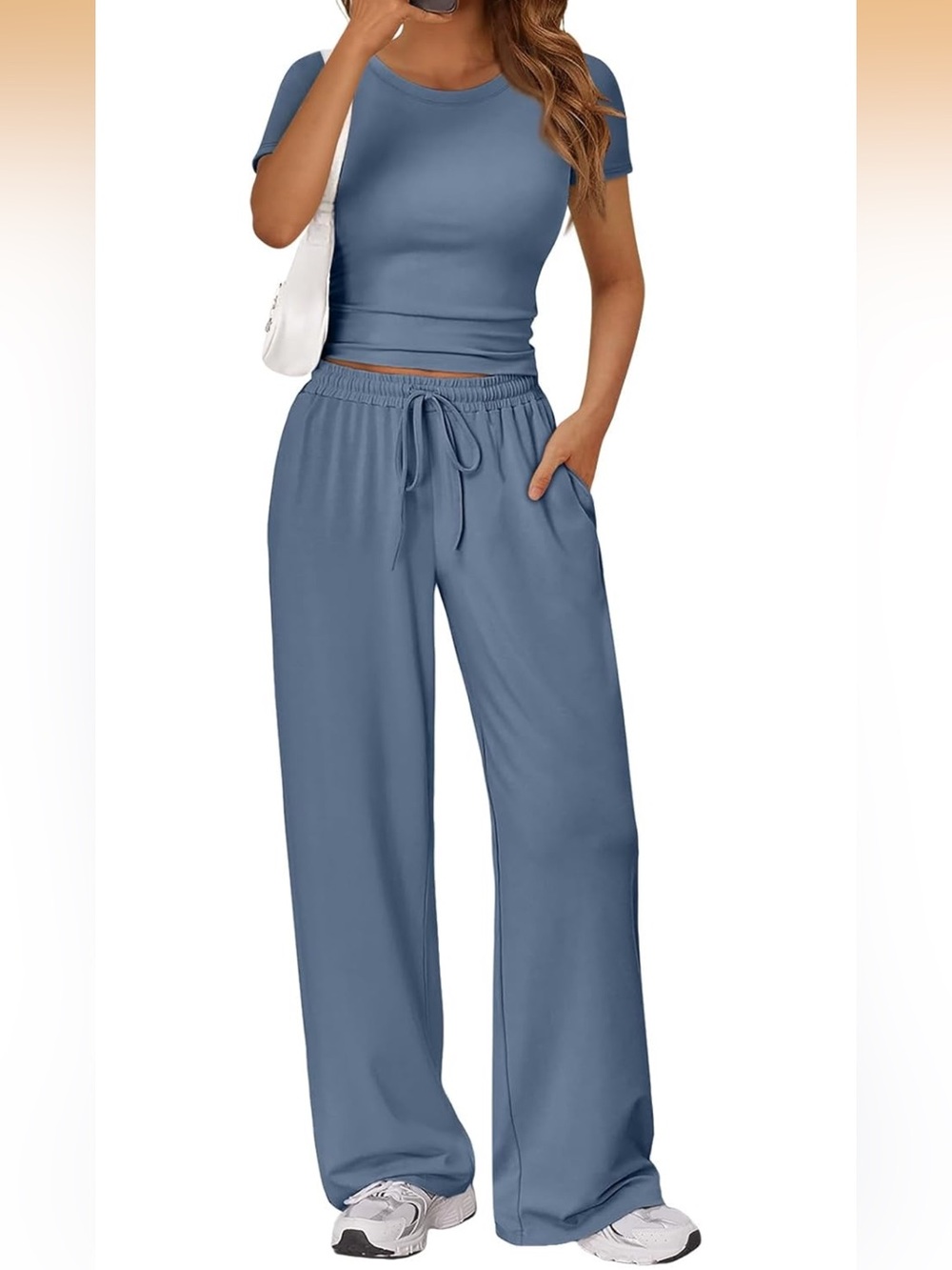 Trendy Queen 2 Piece Matching Summer Lounge Set Ruche Top Wide Leg Pants Pockets